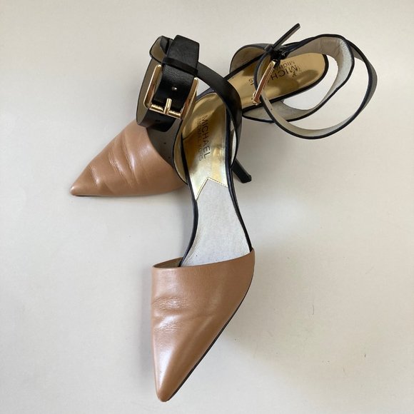 Michael KORS JULIETA Black Tan Leather Wide Ankle Strap Pointed Toe Slingback 8M - Picture 11 of 16